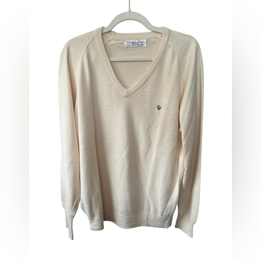 Vintage 80’s Christian Dior Monsieur Cream V-Neck Sweater, Size M